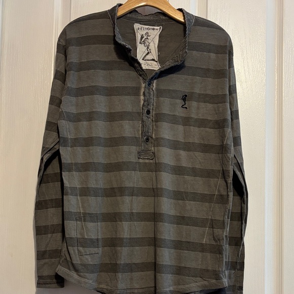 religion Other - Men’s Long Sleeve Striped Henley Shirt in Charcoal/Gray Y2K Cotton